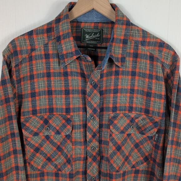 Woolrich Trout Run Mens M Flannel Shirt Plaid Orange Blue Long Sleeve Cotton - Picture 3 of 15